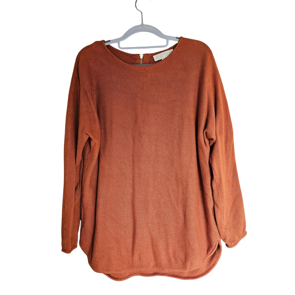 Michael Kors Sweater Womens Large Orange Cotton Blend Back Zip Knit Pullover Top